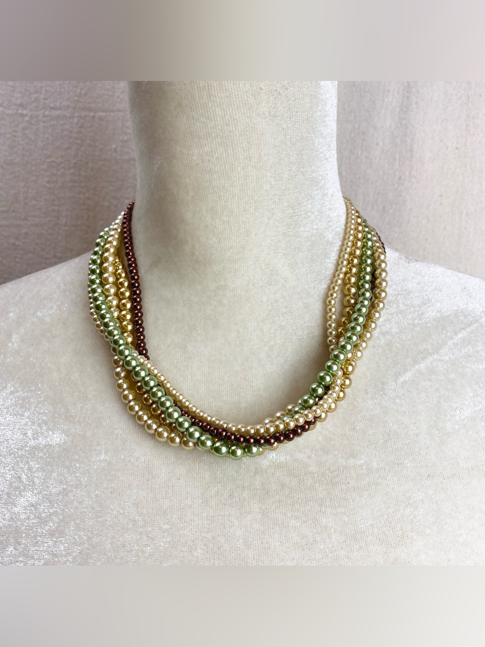Multi-Strand Pearl Bead Necklace in Green, Gold & Brown